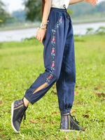 free shipping 2021 new vintage long pants for women embroidery flower trousers casual chinese style blue summer thin m xl