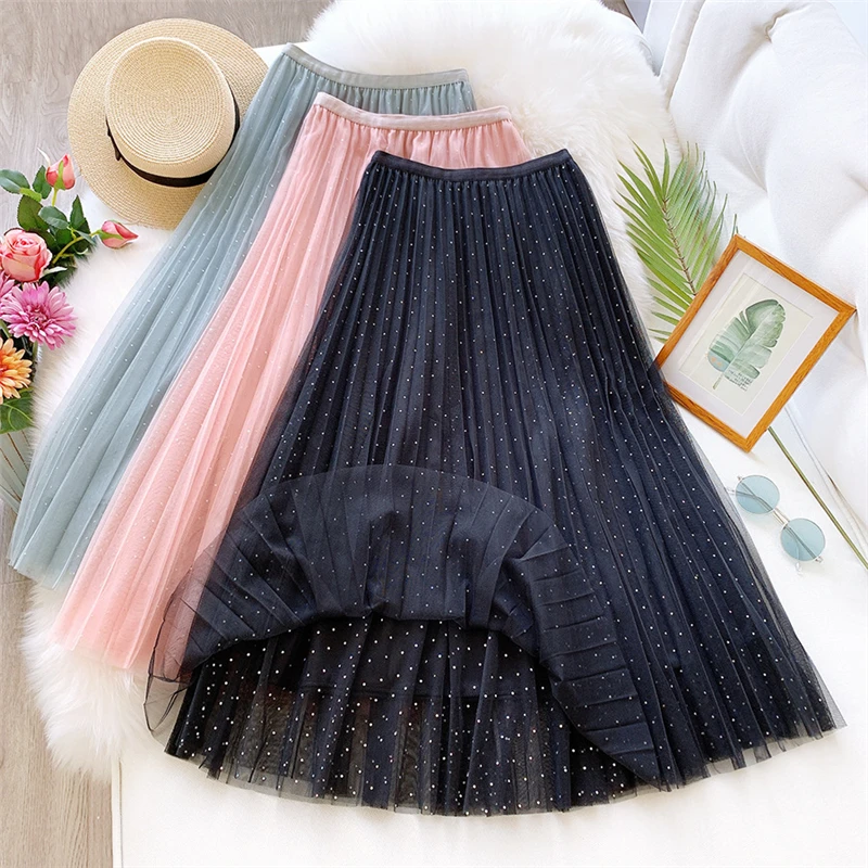Meyooe Женская юбка миди весна лето сетчатая трапециевидная высокая талия в горошек