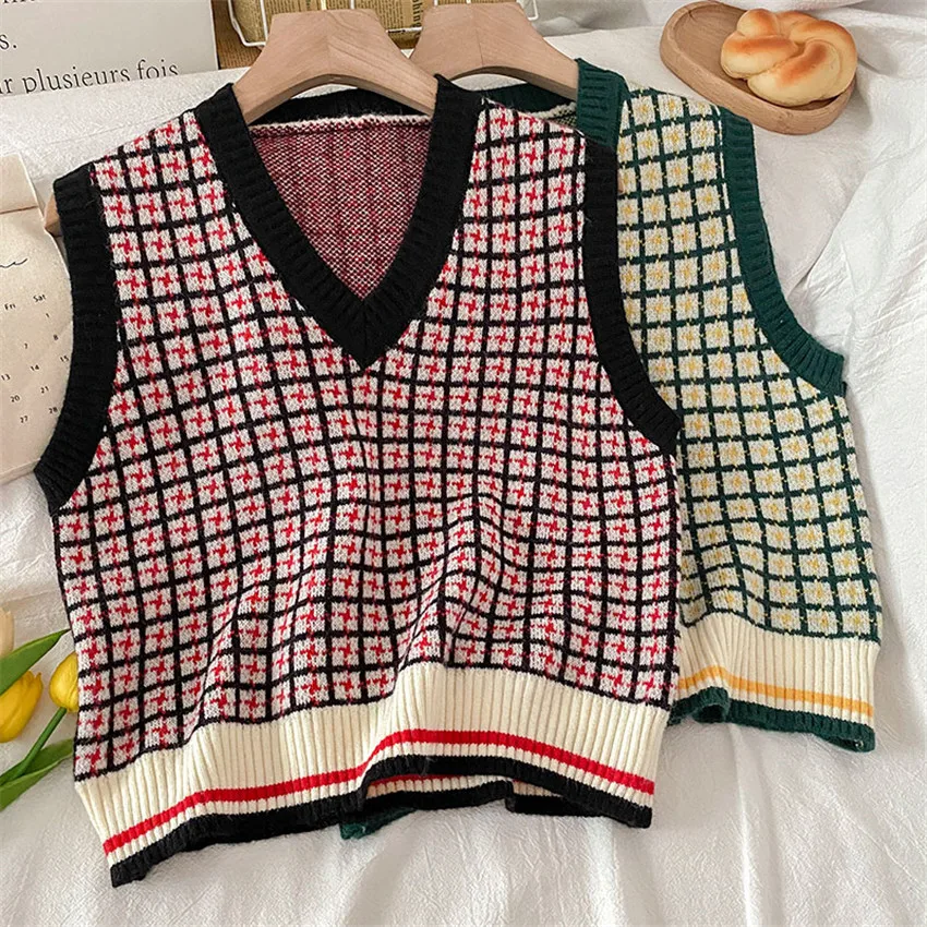 

Women V-Neck Vintage Plaid Sweater Vest Sleeveless Waistcoat Mujer Autumn Winter Knitted Vests Short Coat Pull Femme
