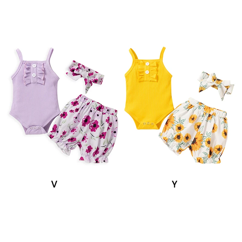 

Summer Camisole Baby Girls Summer Suit Romper Shorts Suit Printing Yellow soft and breathable cotton fashion Baby's Sets