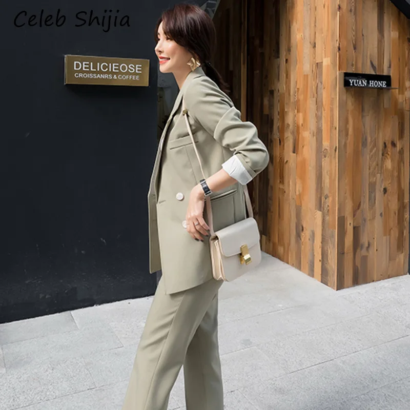 

2020 New Woman double-breasted pant suits two-piece notched blazer jacket & pants workwear office korean fashion 2 piece set