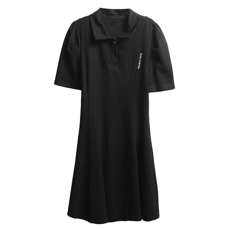

2021 summer short-sleeved new lapel embroidered letter skirt waist black slim dress women