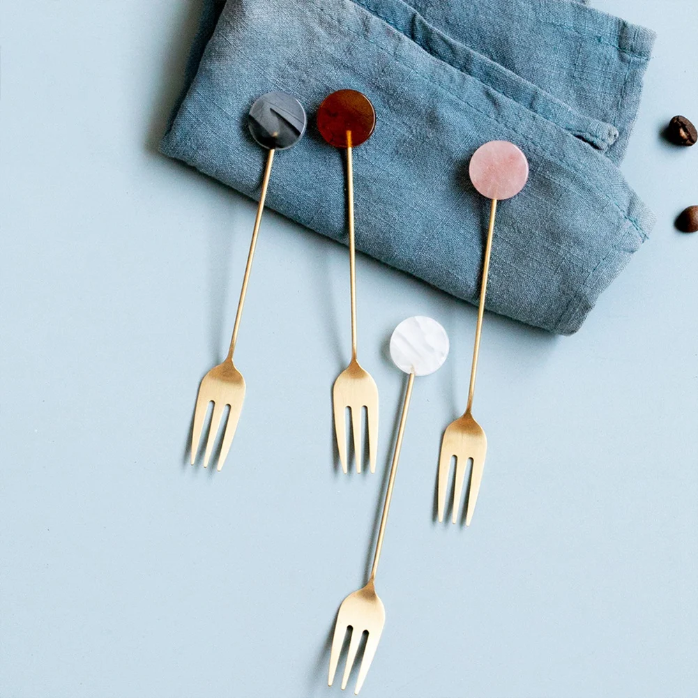 4pcs Stainless Steel Small Spoon Fork Set INS Coffee Tea Stirring Household Gold-Plated Acrylic Geometric Shape Spoons Forks | Дом и сад