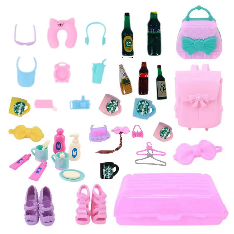 

Fashion Handmade 45 Items/Lot Doll Accessory Drink Bottle Cup Wash Tools Shoes Handbag Backpack Trunk Camera Glasses For Barbie