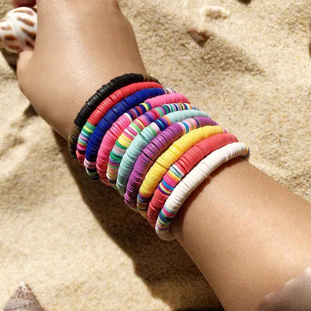 

Recyclable Polymer Clay Disc Beads Waxed String Bracelets Women Mixed Color Popular Wristband Jewelry