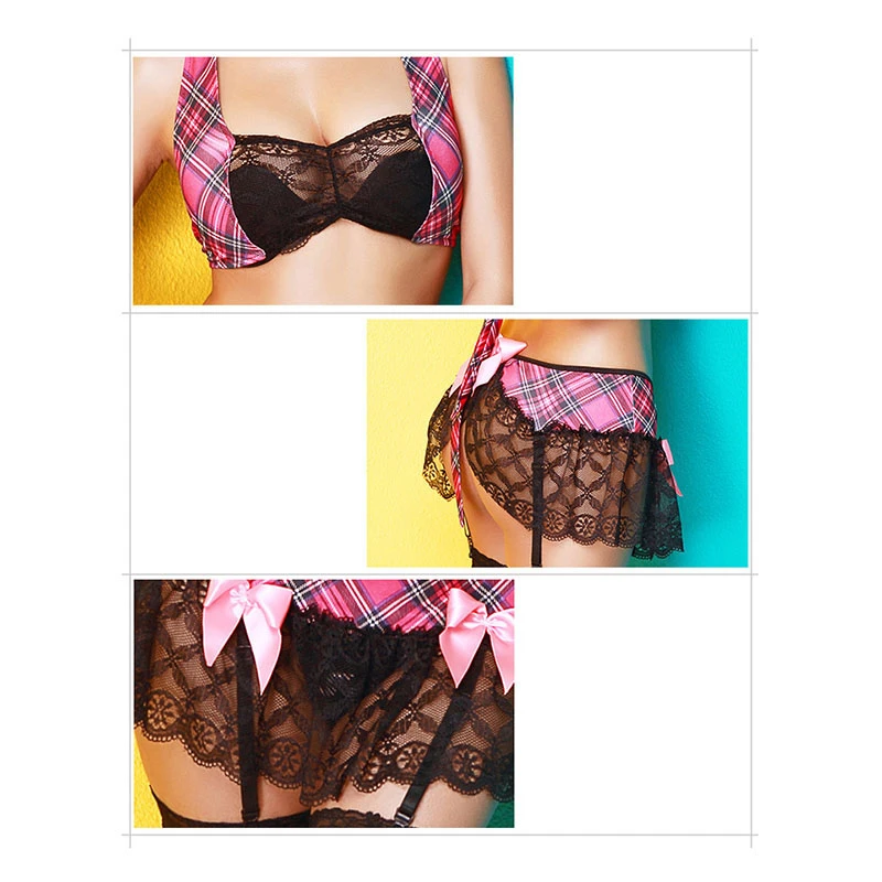 Кружевная сексуальная школьная форма с лямкой на шее для девочек обтягивающий