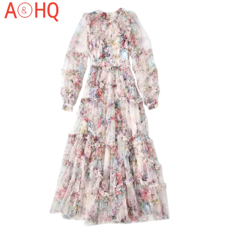 

Long Dress Designer Fashion Spring New Women'S Bohemian Vintage Elegant Long Sleeve Printed Mesh Casual Party Dresses