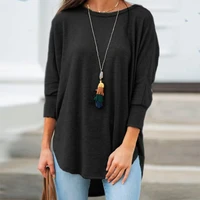 solid black shirt woman casual cotton o neck womens tops and blouses three quarter sleeve irregular women blouses tunic autumn