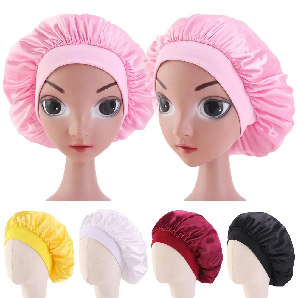 

Elastic Satin Night Sleep Hat Kids Girls Hair Care Bonnet Cover Wide Band Caps Beanies Skullies Plain Hair Loss Hat Fashion Cap