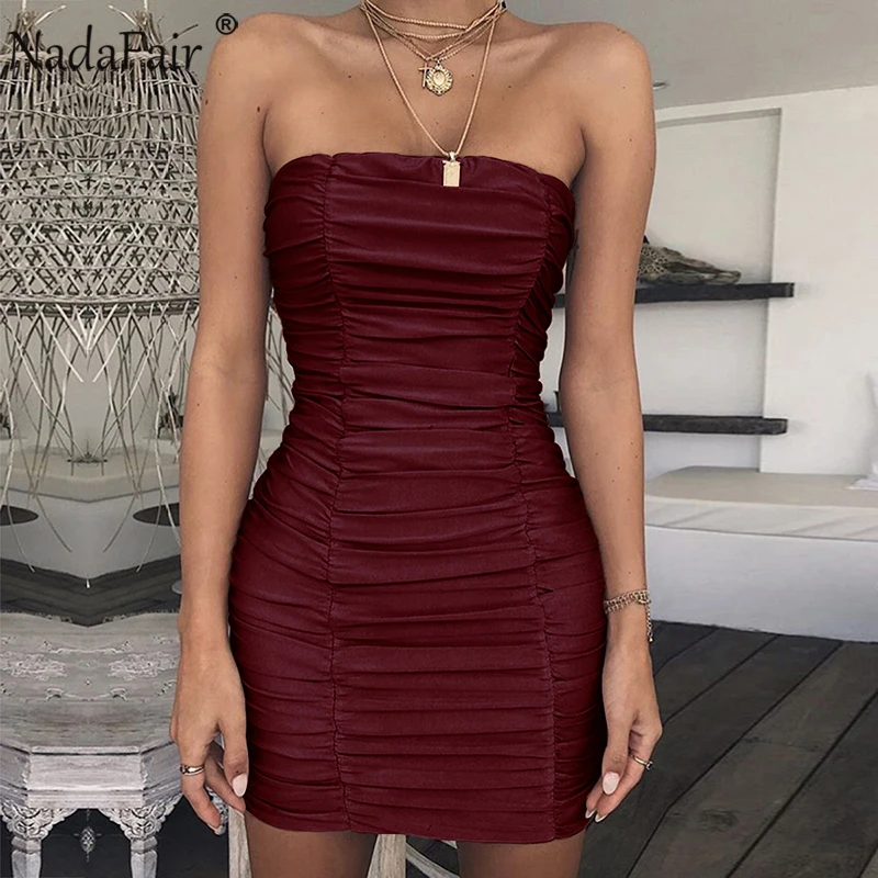 Nadafair Backless Off Shoulder Summer Sexy Party Bodycon Dress Women Strapless Wrap Ruched Black White Mini Club Tube Dress|Женские