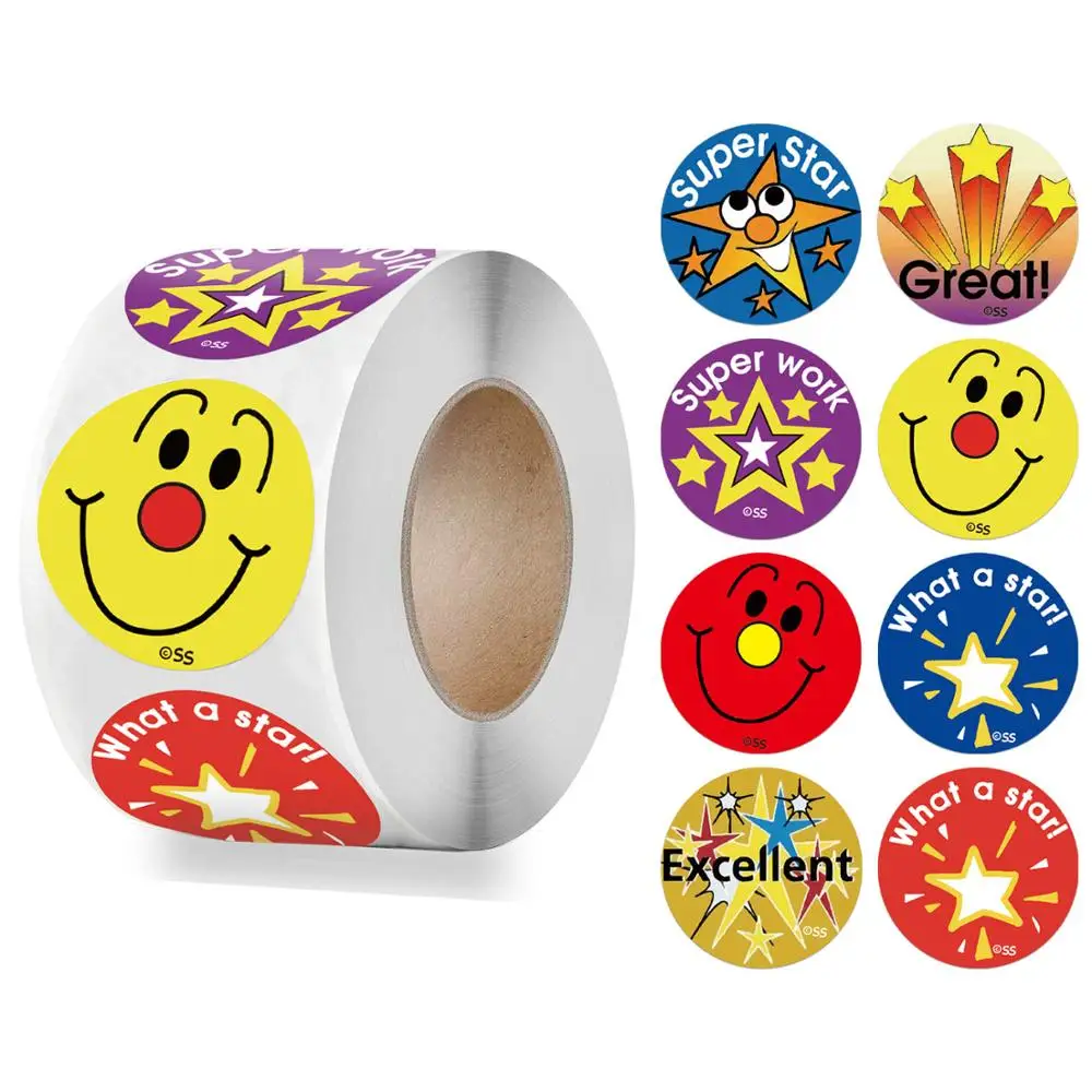 

500pcs/roll Smiley Face Sticker for Kids Cute Star Pattern Encourage Words School Teacher Supplier 1 inch Child Reward Stickers