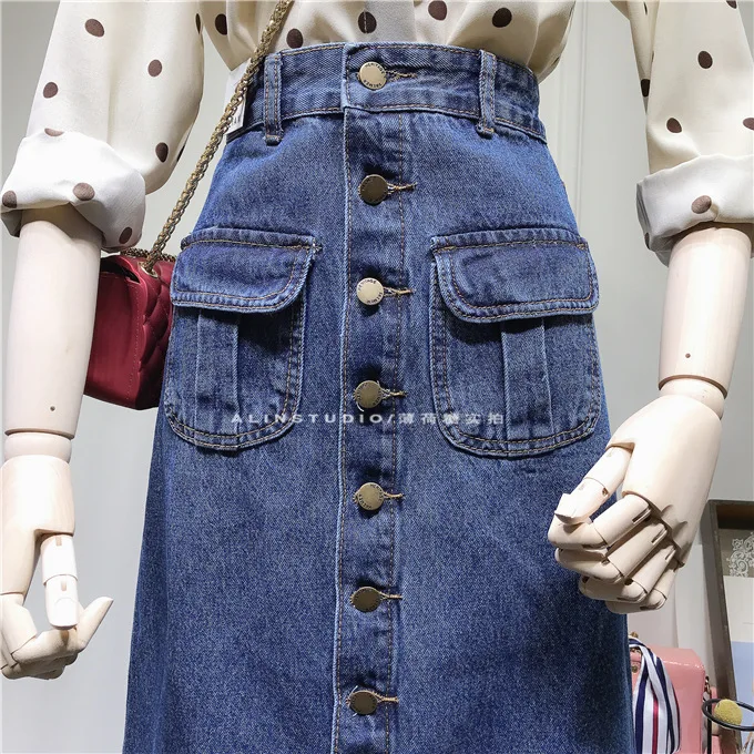 

2019 New Spring and Autumn Women' High Waist Buckle Slim Long Jeans Skirt All-match Student Girls Blue Cowboy Skirts