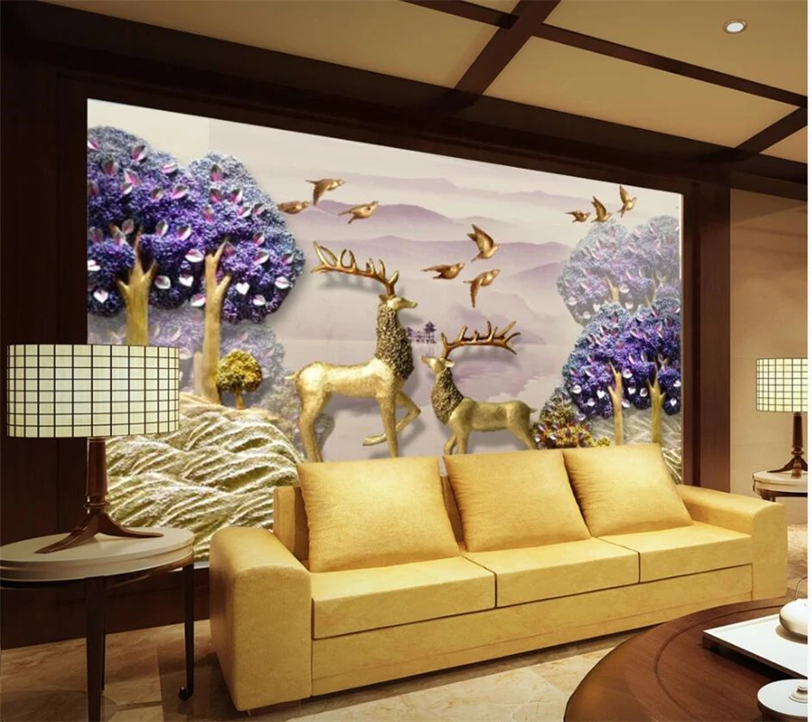 beibehang Custom wallpaper 3d new Chinese embossed purple forest plum deer background wall papers home decor mural | Обустройство