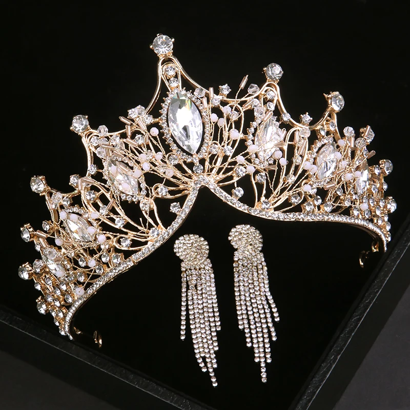 

Baroque Silver Color Crystal Bridal Tiaras Crowns Women With Earrings Rhinestone Pageant Diadem Luxury Wedding Hair Accessories