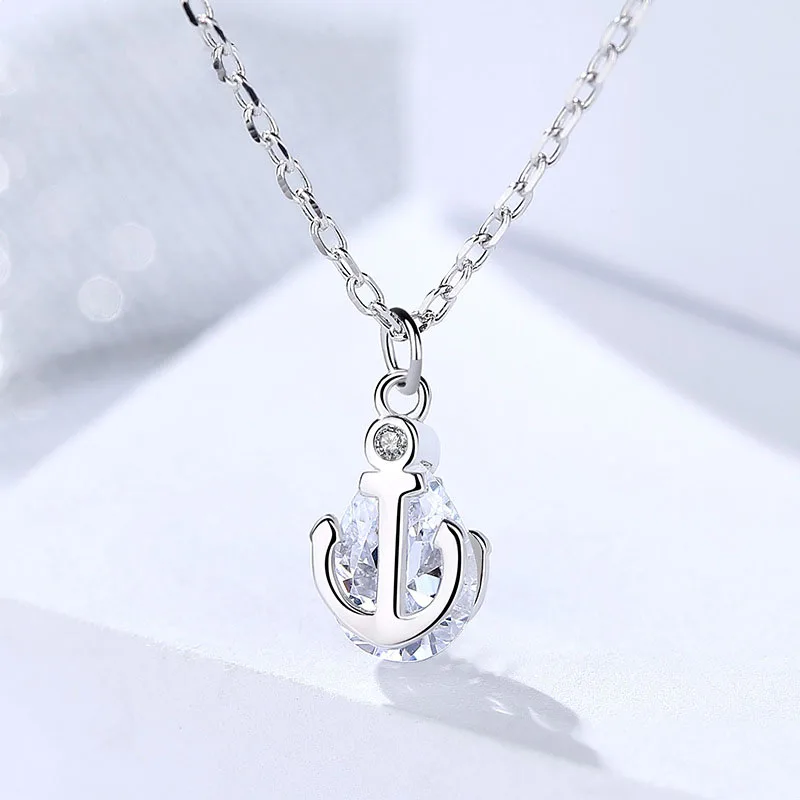 

S925 Sterling Silver female Korean personalized fashion design temperament micro set zircon boat anchor Necklace
