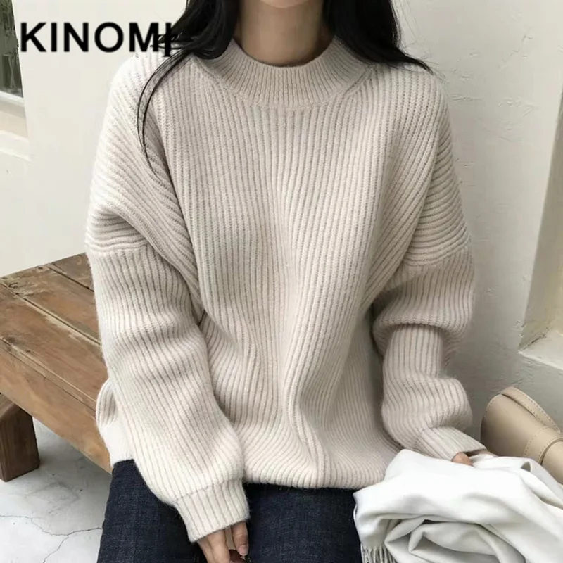 KINOMI осенне-зимние женские свитера, Свободный пуловер с круглым вырезом, корейский стиль, минималистичный Повседневный вязаный свитер, топы, новинка, бежевый цвет