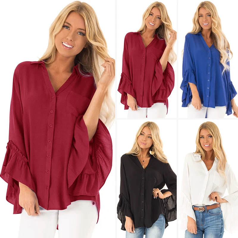 Новая повседневная женская осенняя шифоновая блузка с v образным вырезом и