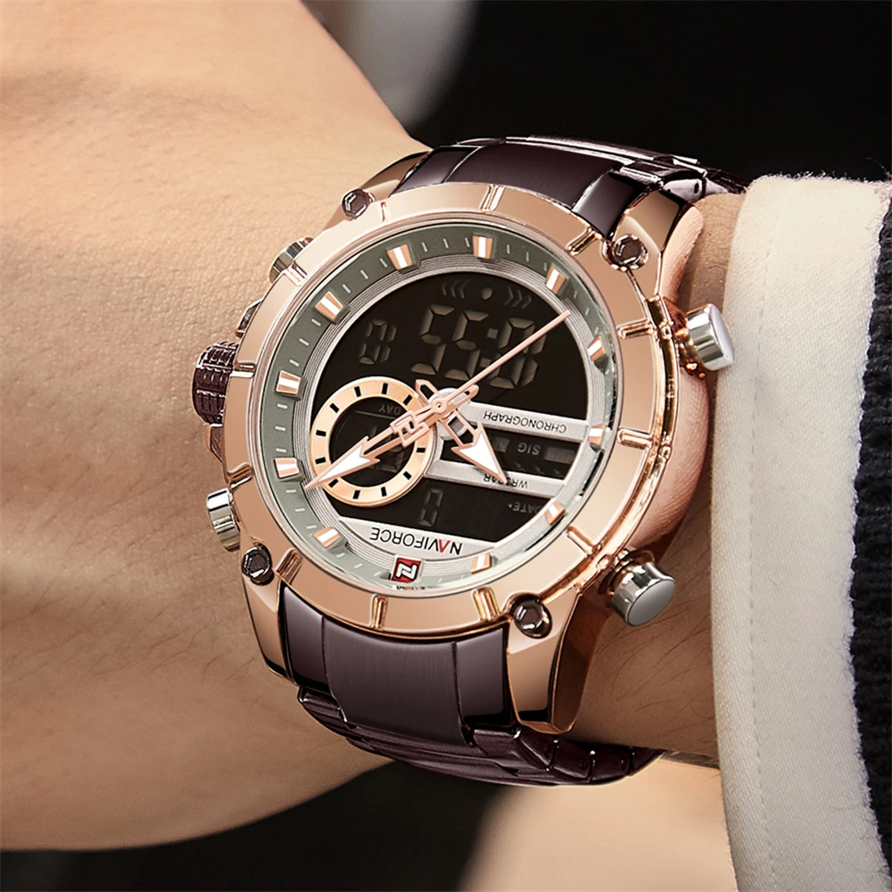 NAVIFORCE мужские часы с двойным дисплеем наручные спортивные Топ бренд