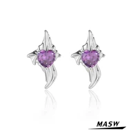 masw original design purple heart earrings 2021 new trend metal geometric metal brass aaa zircon stud earrings women jewelry