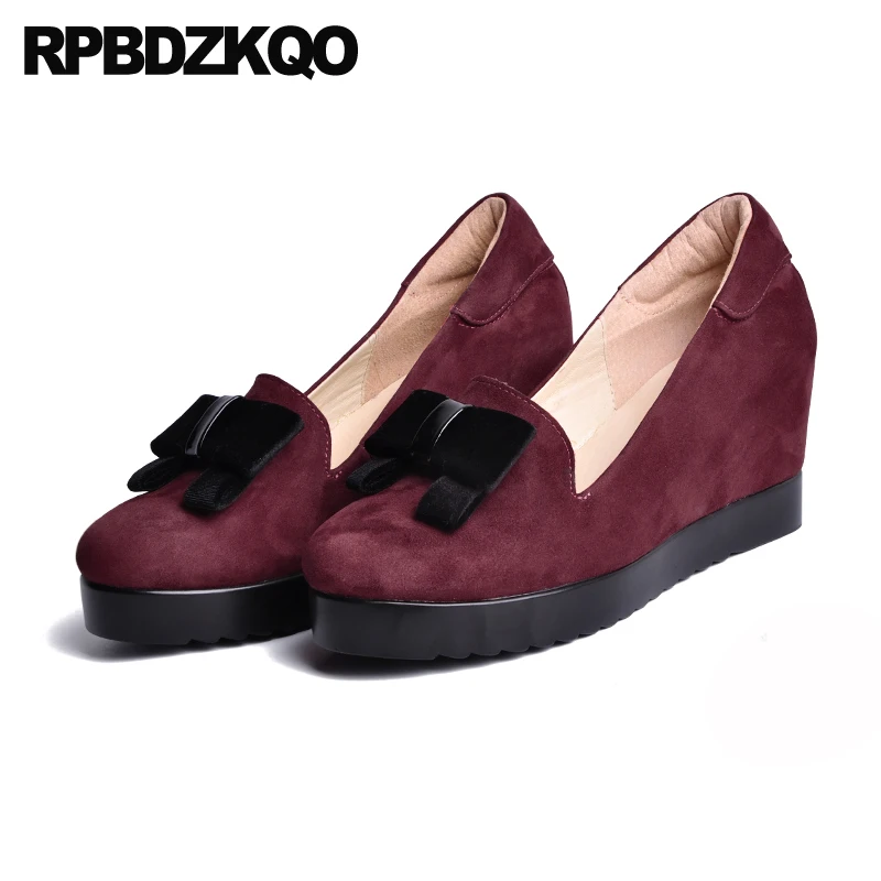 Женские замшевые туфли на танкетке туфли-лодочки винного цвета из натуральной