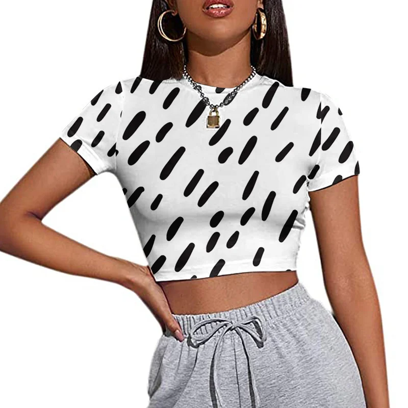 

Indie Dot Printed Crop Tops Summer Women Fashion Slim O-Neck Striped T-Shirts Short Sleeve Plus Size Plaid Tops Skinny Pullovers