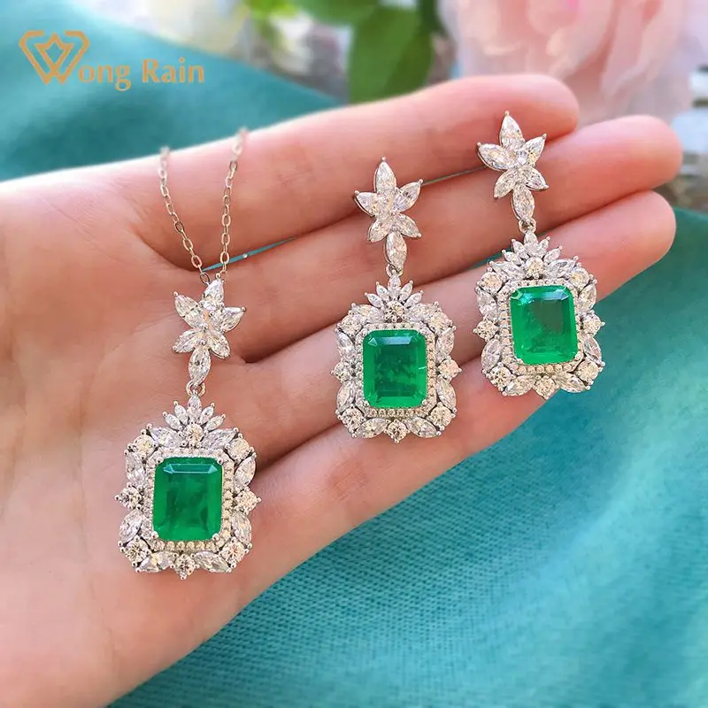 

Wong Rain Luxury 100% 925 Sterling Silver Emerald Gemstone Created Moissanite Earrings/Pendant/Necklace Wedding Jewelry Set
