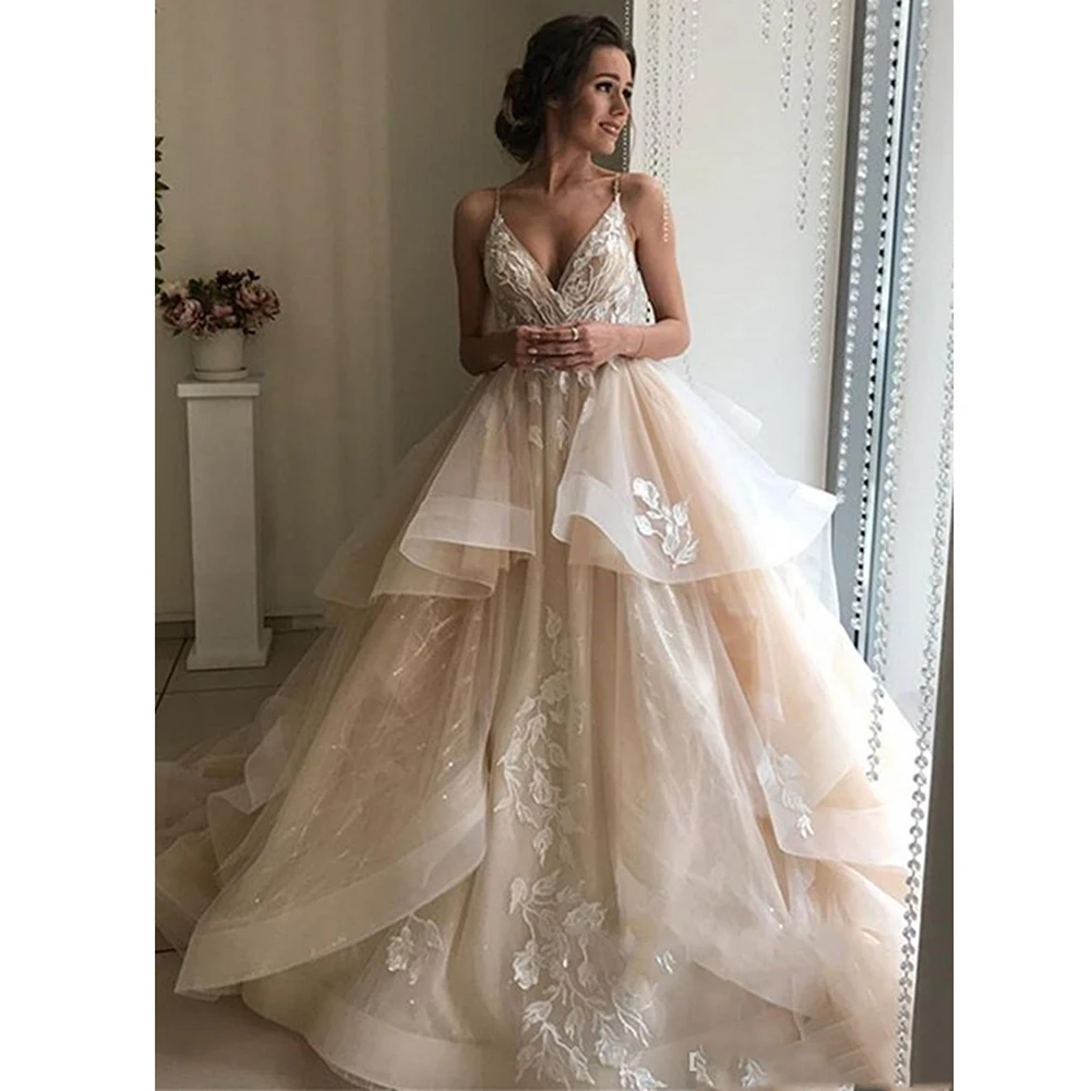 

Pretty Champagne Wedding Dresses 2021 Sexy Backless Floral Ruffles Puffy Lace Bridal Gowns Beach Wedding Gowns Vestido De Noiva