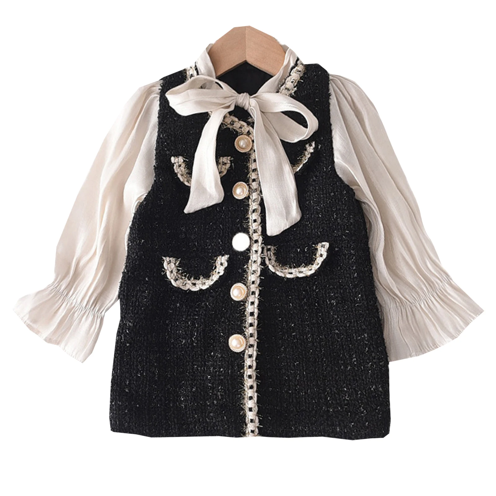 

Autumn lovely Kids Princess Dress Button Long Sleeve Single-Breasted Dresses Stitching One-Piece Costume for Baby Girls Black