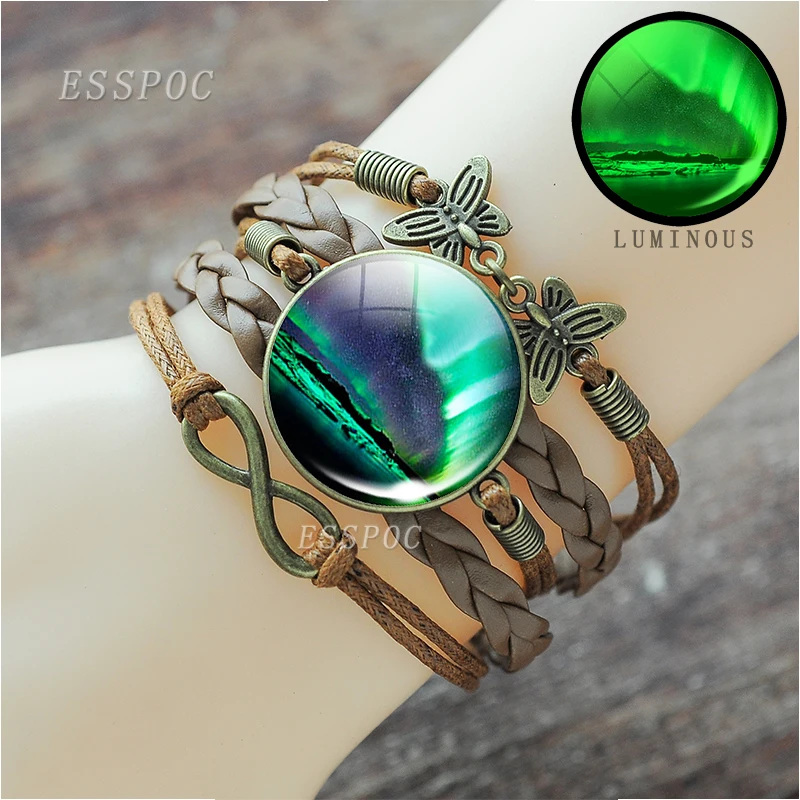 Светящиеся стеклянные коричневые кожаные браслеты ручной работы для женщин