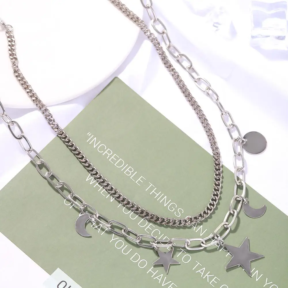 

Girlgo Round Metal Link Chain Star Pendant Necklace Women Halloween Silver Color Maxi Torque Trendy Party Gift Wholesale Jewelry