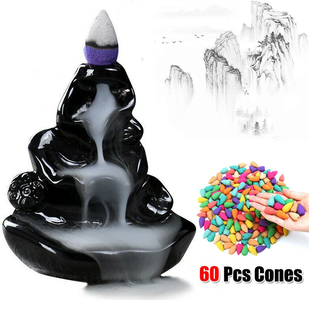 

Ceramic Backflow Incense Burner Lotus Smoke Waterfall Censer Holder with 60 Pcs Incense Cones for Focus Sleep Relax Better