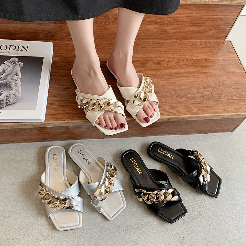 

Shoes Woman's Slippers Shale Female Beach Low Rivet Luxury Slides 2021 Sabot Summer Designer Flat PU Metal Decoration Basic Rubb