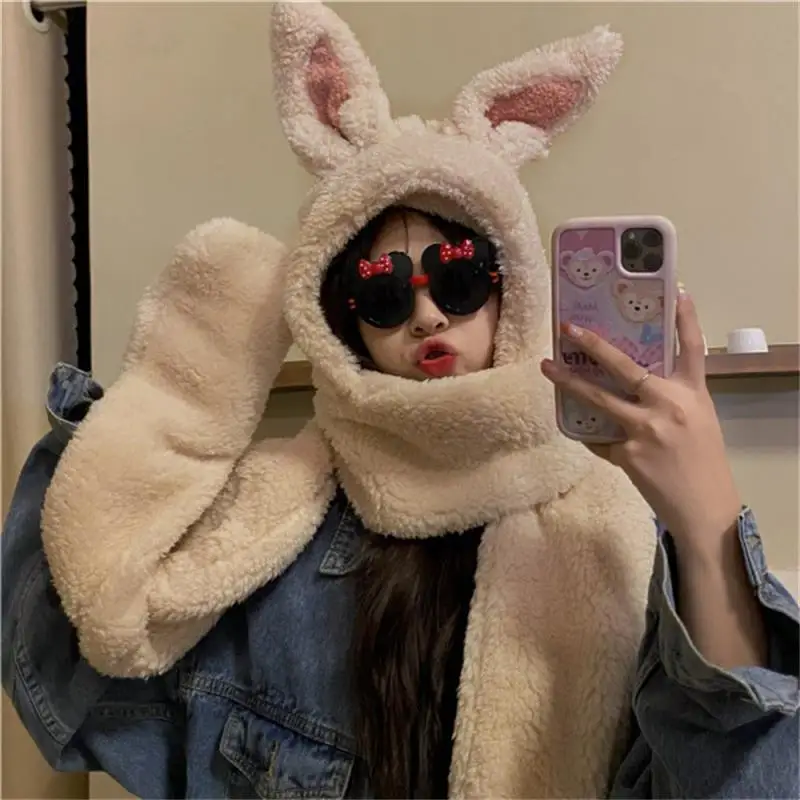 

Women Sweet Cartoon Rabbit Ear Hat Cute Winter Gift Windproof Scarf and Gloves Set Cute Winter girl Hoodies Scarf with Mitten