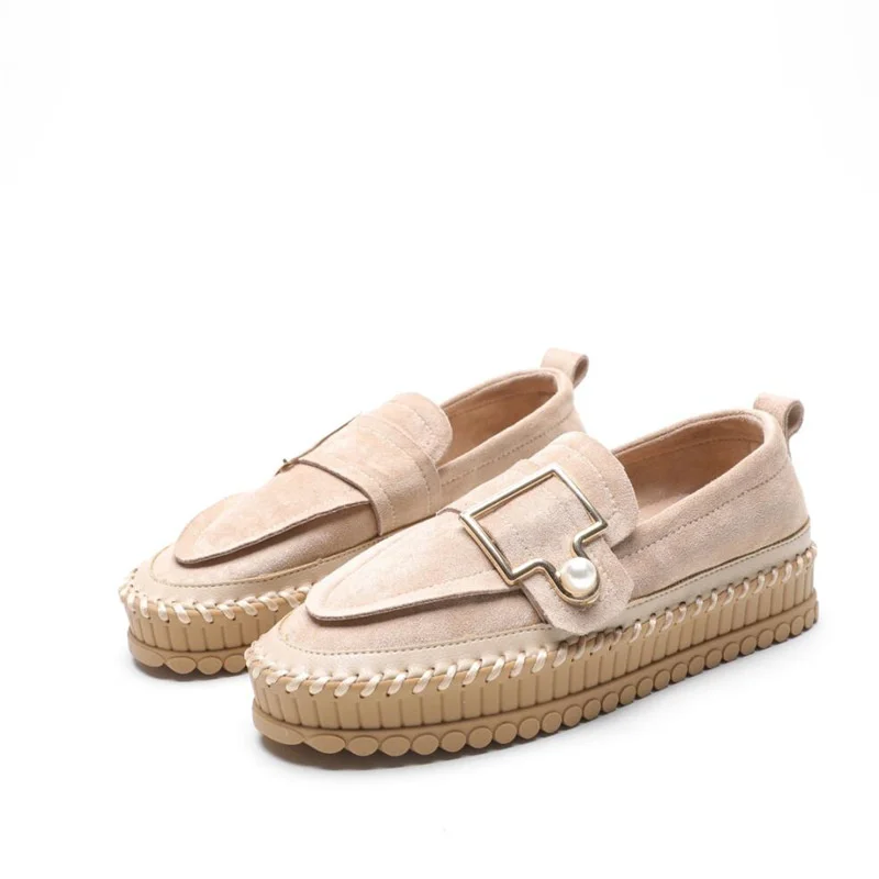 

Student Pearl Metal Buckle Loafers Female Round Toe Real Leather Flats Sewing Thicken Soled Shoes for Women hot