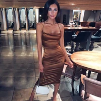 2021 spring and summer elegant dinner clothes for women sexy halter bandage club dress new satin lace up long midi bodycon dress