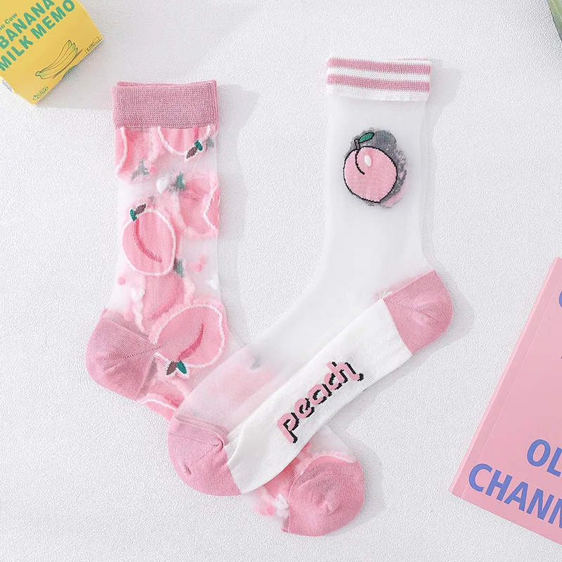 Носки женские ультратонкие шелковые модные прозрачные с принтом фруктов асимметричные на лето|Носки| |