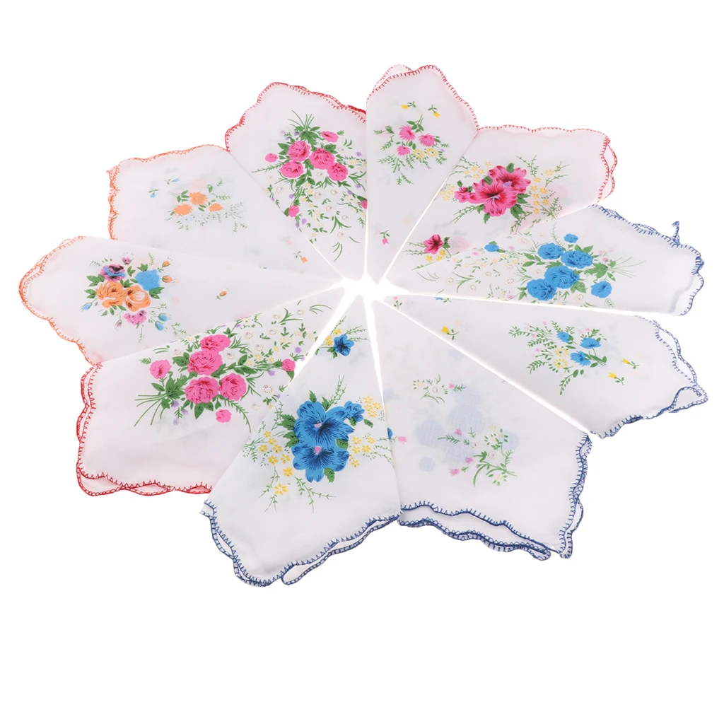 

10pcs Assorted White Cotton Square Handkerchief Wedding Floral Print Hanky