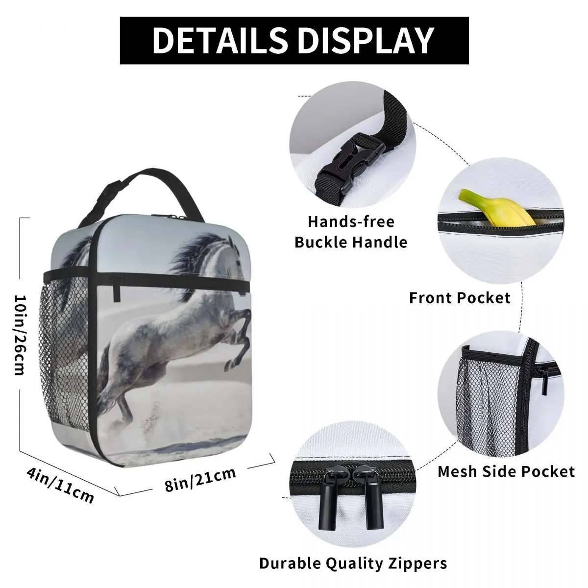 

Arabian Horse Lunch Bag for Women Men Large Insulated Lunch Box with Water Bottle Holder and Pockets