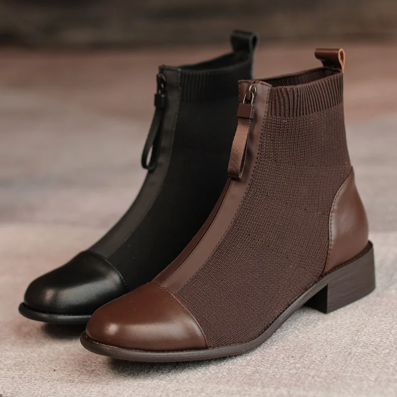 

ZVQ Women winter New Style Fashion Leisure short boots Round Toe cow leather and Stretch flying weave upper Concise Comfortable