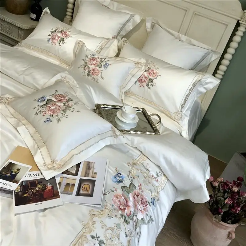 

40New White Blue Pink Luxury Flowers Embroidery 100S Egyptian Cotton Palace Bedding Set Duvet Cover Bed sheet/Linen Pillowcases
