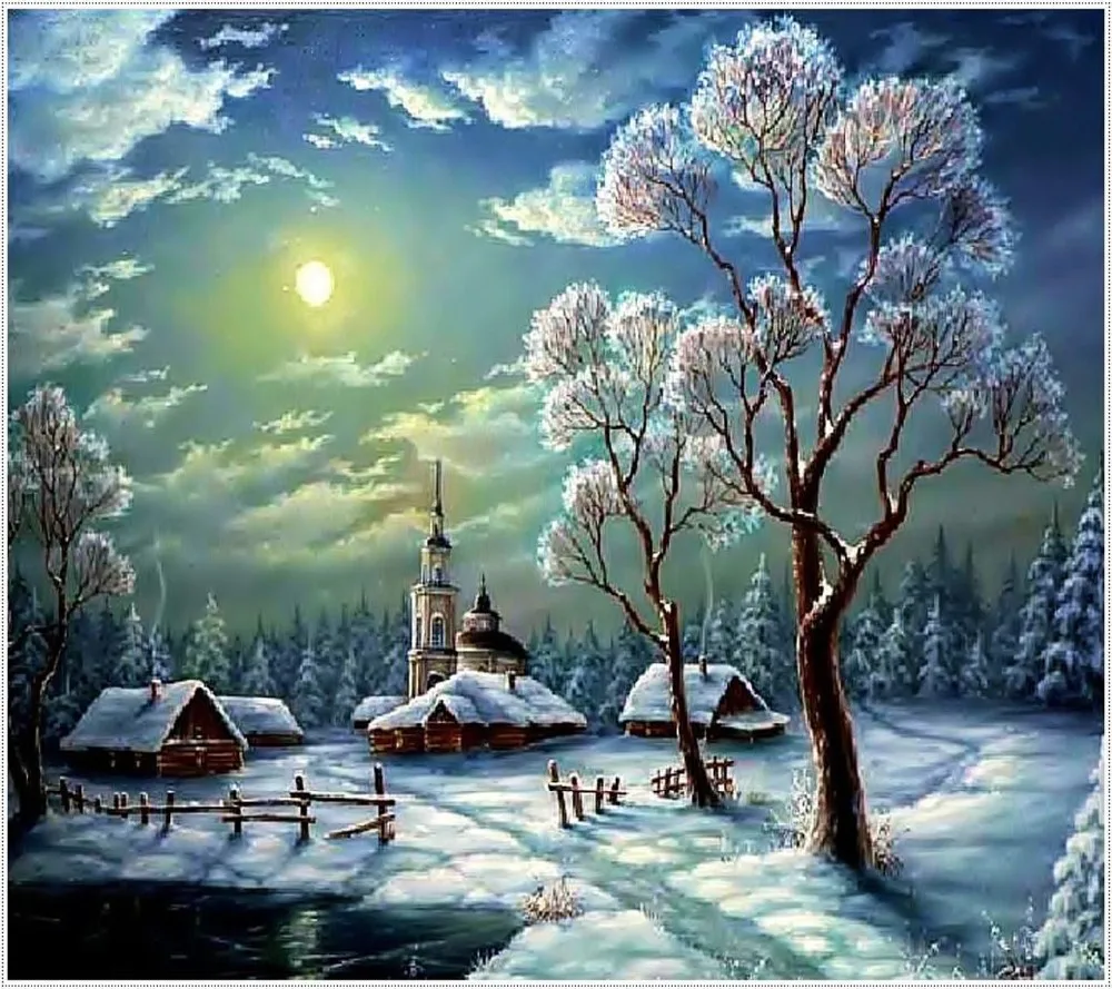 

Winter scenery full laid diamond painting embroidery Christmas snowy Night landscape beads cross stitch kit home wall decoration