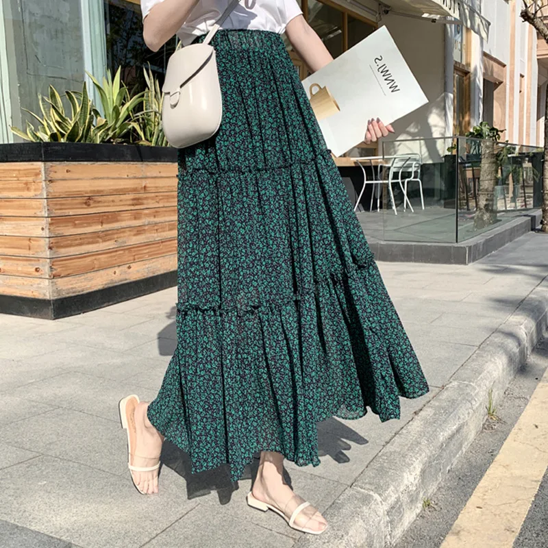 

Юбка-трапеция Женская плиссированная, элегантная винтажная шифоновая юбка с эластичным завышенным поясом, элегантная зеленая с цветочным ...