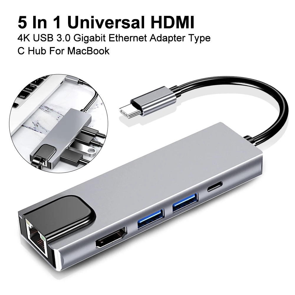 5 In 1 U Disk for 4K Type C Hub USB 3.0 Adapter Aluminum Alloy Universal Rj45 Lan Plug And Play Gigabit Ethernet MacBook | Компьютеры и