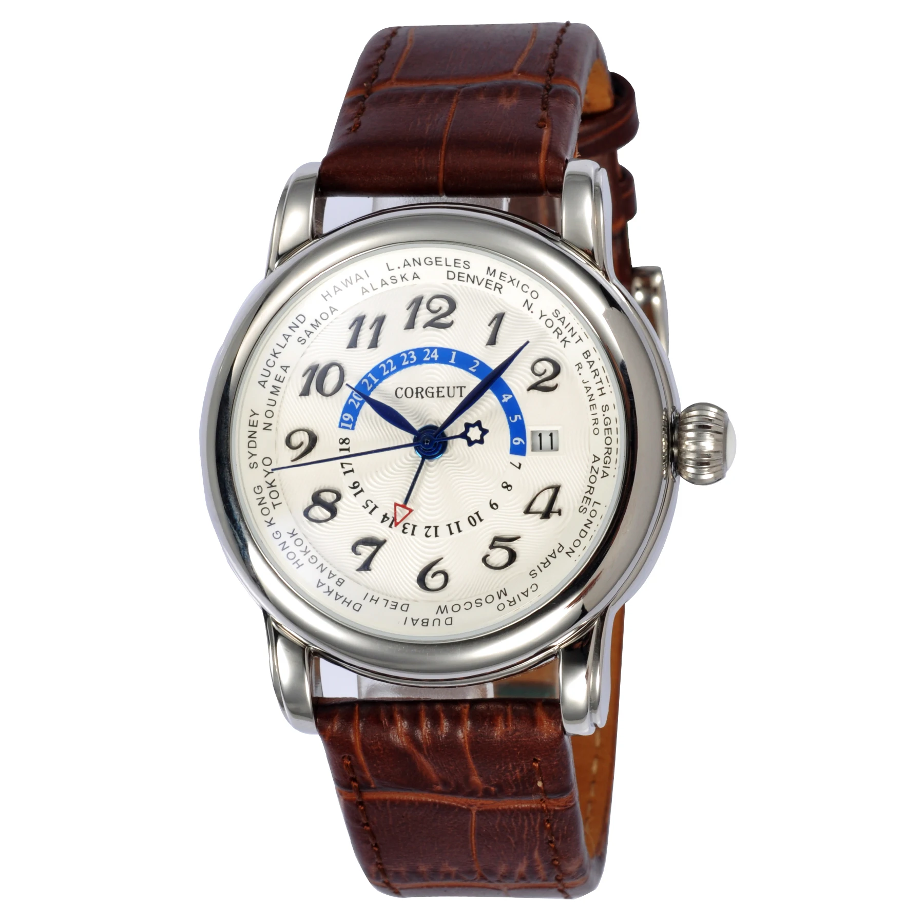 Corgeut 43 мм GMT Белый Циферблат чехол из нержавеющей стали Натуральная Кожа Дата