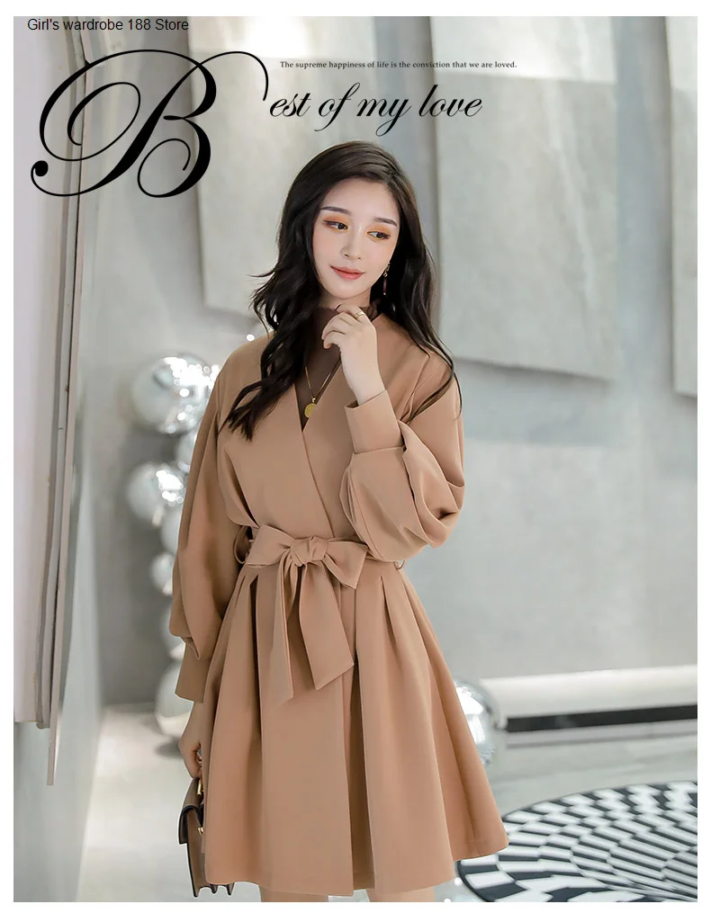 

Элегантная ветровка для женщин в Корейском стиле модная с длинными рукавами на шнуровке 2020 Ранняя осень новая короткая юбка бежевое пальто