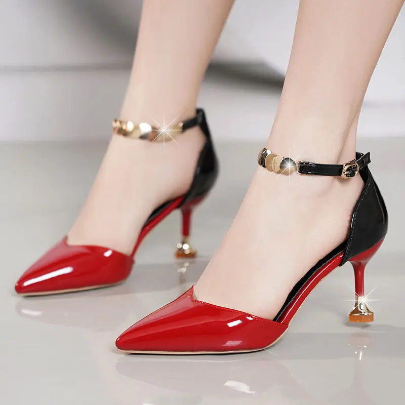 

2021 zapatos de mujer women fashion sweet pointed toe buckles strap stiletto heels lady cool red party heel shoes a6683