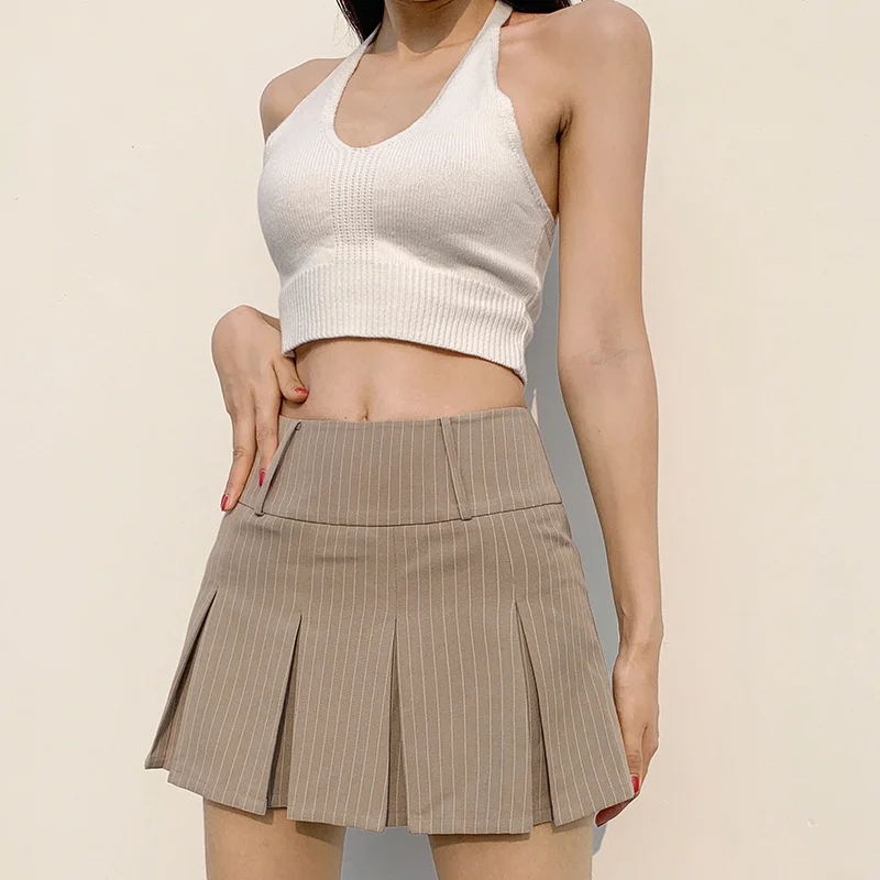 

Khaki Tennis Pleated Mini Skirts Woman Y2K Casual Striped High Waist Shorts Skirts Summer Preppy Style n Fashion