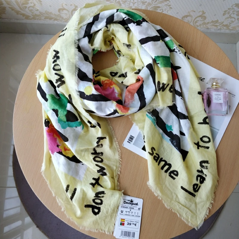 

Международная торговля испанским брендом desigual печать цветной великолепный хлопок и лен ощущение дикая шаль большой квадратный шарф