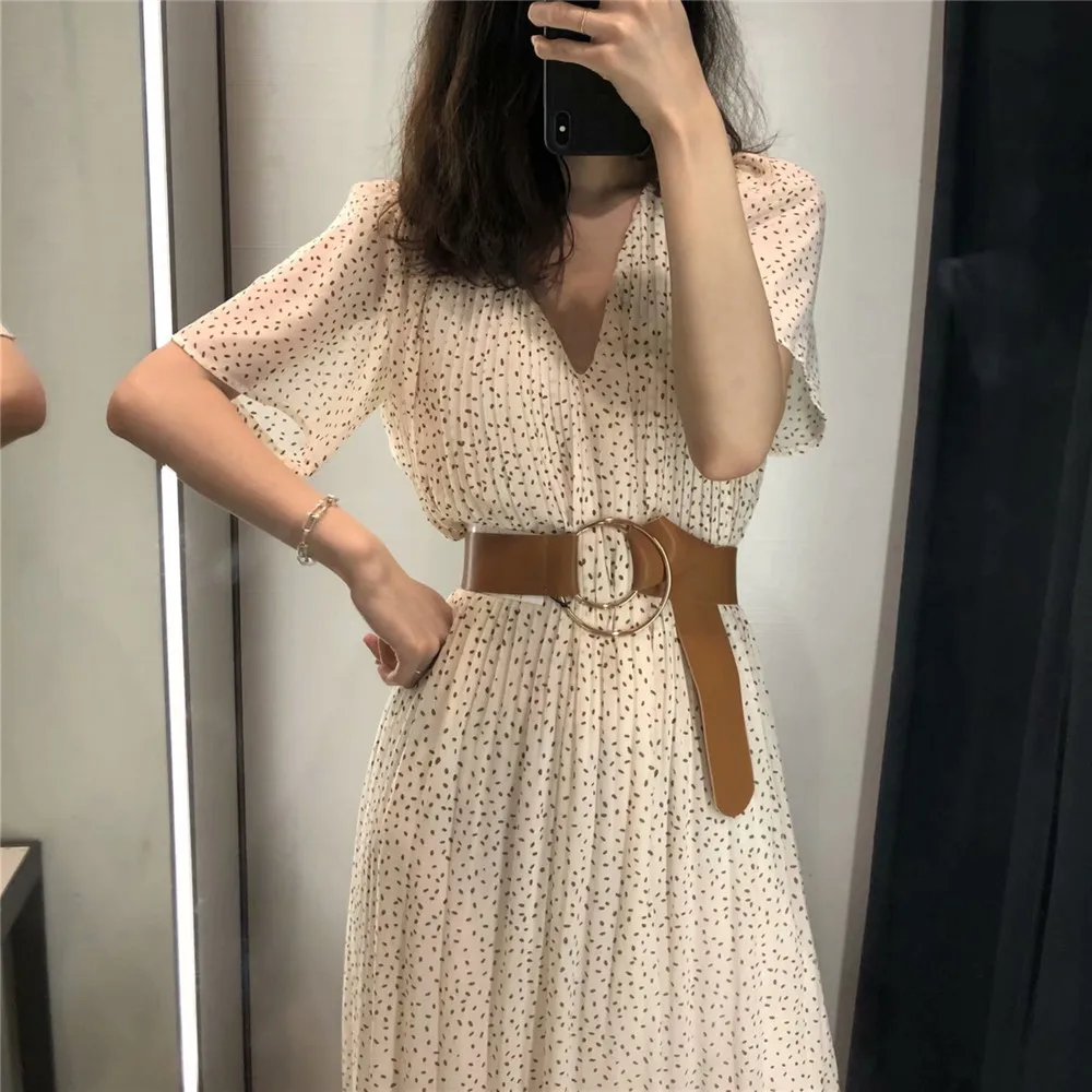 

Fashion Za Women dress 2020 V-neck high waist belt slim dot pleated layered dresses ladies Stylish chic Chiffon dress vestidos