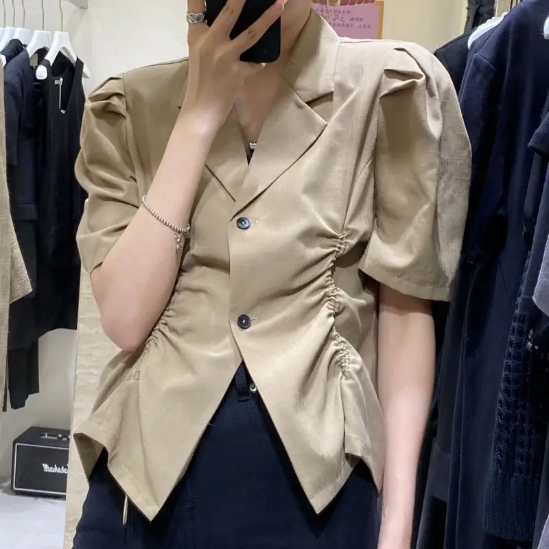 

V Neck Drawstring Pleated Short Blazer Waist Shirt Women's Summer 2021 Suit Collar Top Bubble Short Sleeve Tops